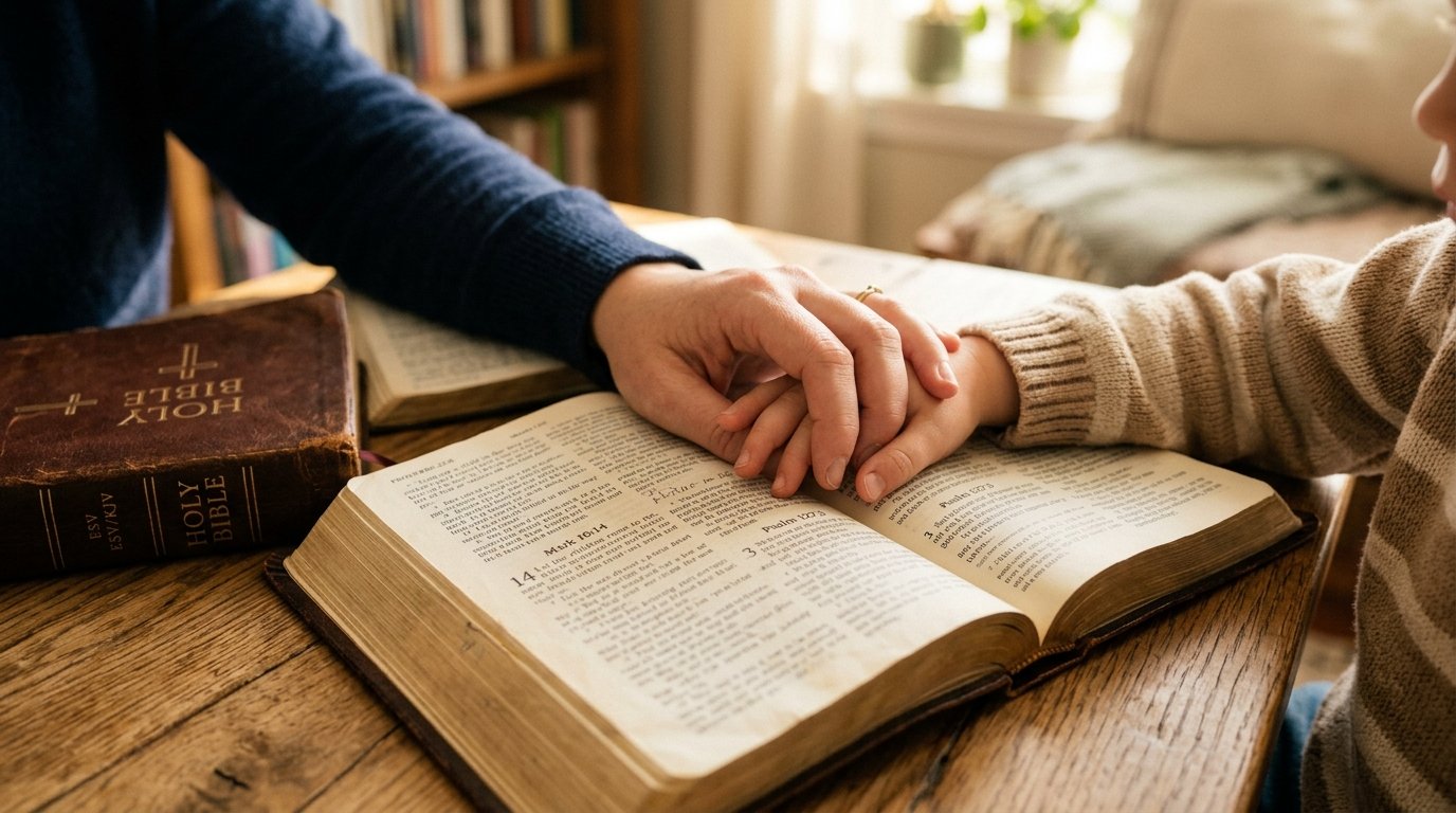 Bible verses about children - open Bible with a parent holding a child's hand