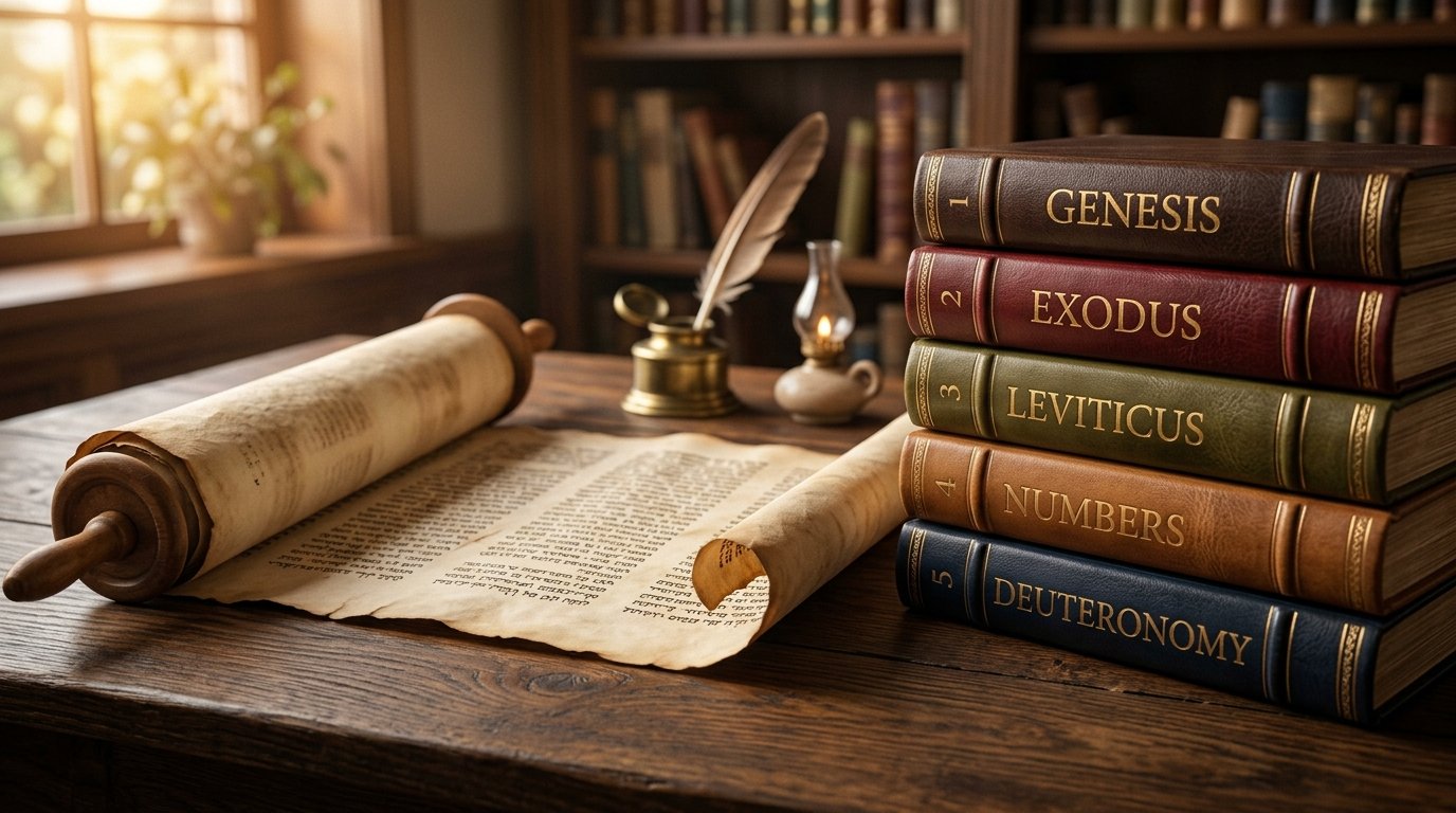 First 5 books of the Bible - open scripture scroll and stacked books on a wooden desk