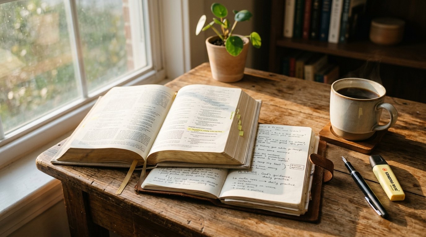 How to read the Bible - open Bible on a wooden desk with a study notebook, pen, and coffee
