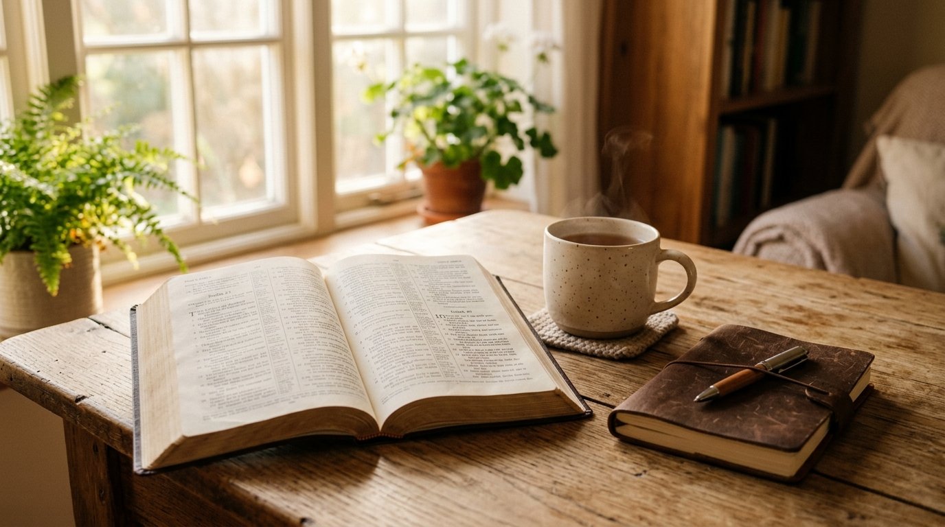 Verses of encouragement - open Bible on a wooden table with morning light and journal